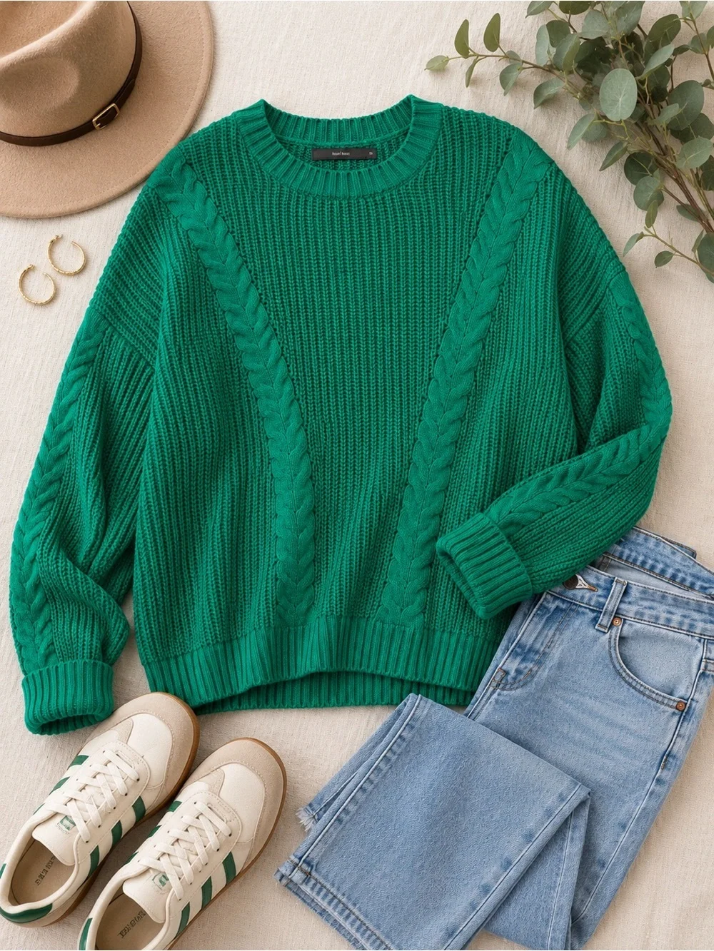 Hazel Haze | Cable Knit Sweater XL Green Cotton Blend Chunky Knit Oversized Cozy